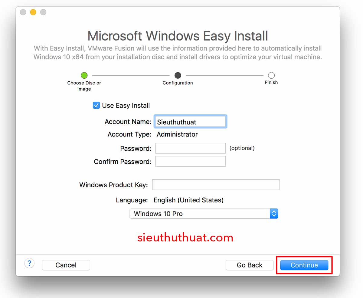 cai windows 10 tren mac bang vmware 4