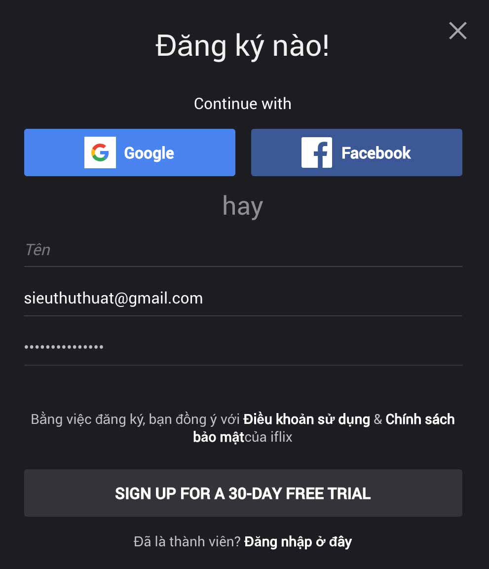 Đăng ký tài khoản iFlix